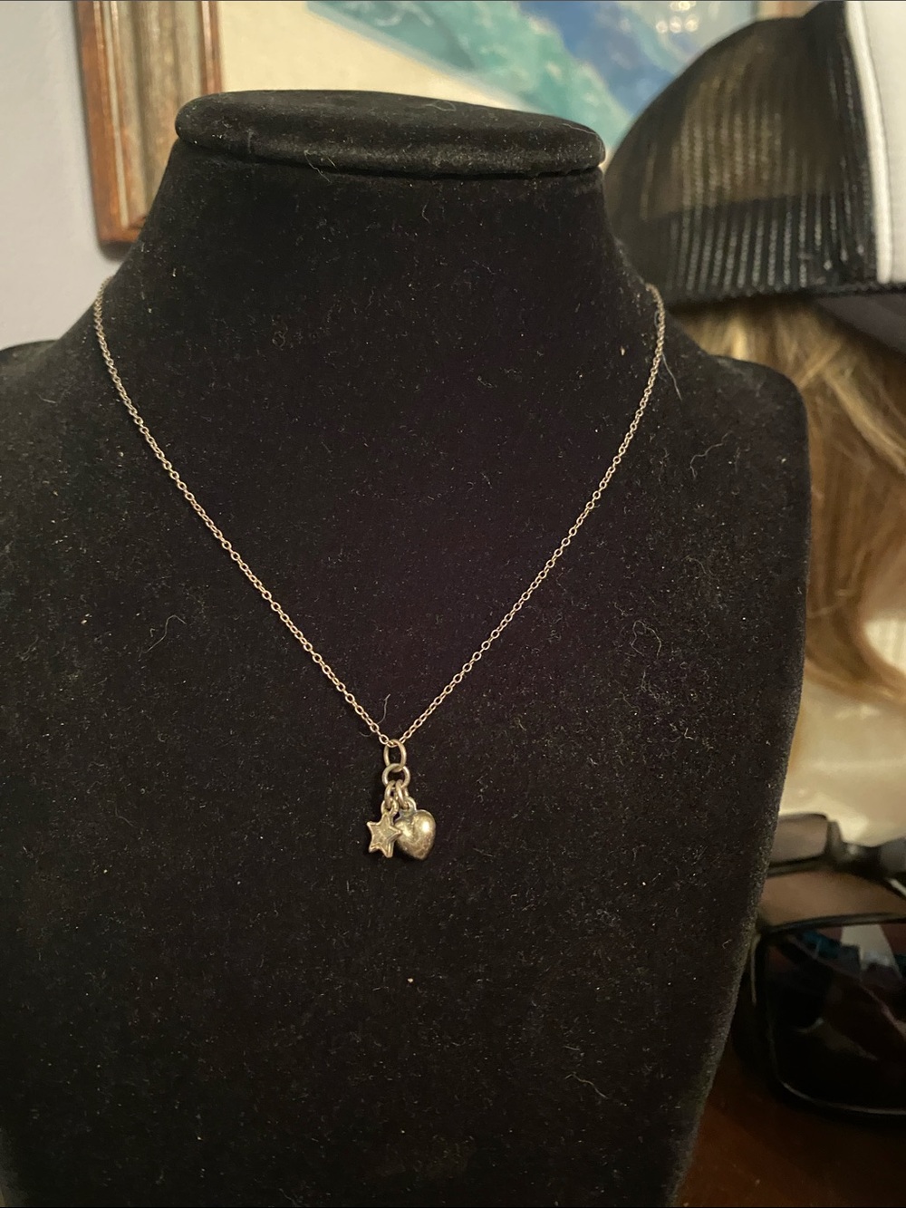 V! Silver tone Necklace, Star and heart